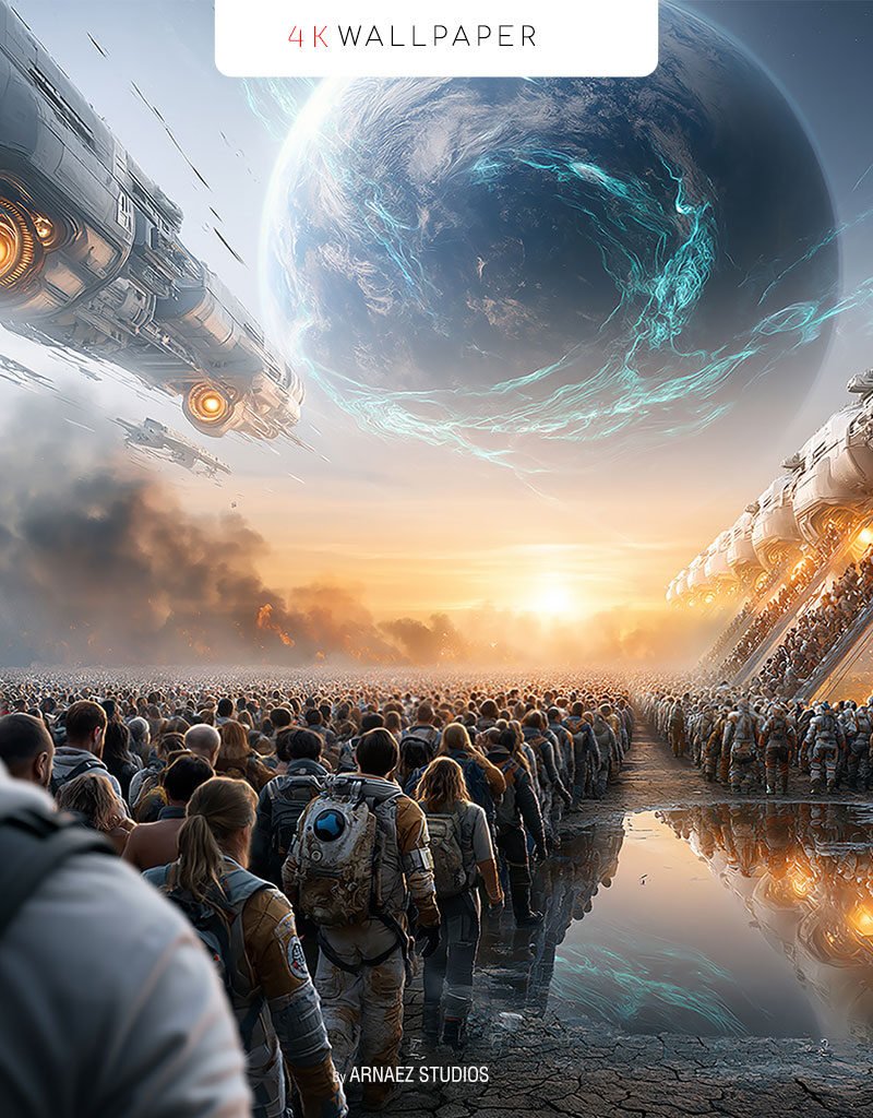 Ascension sci-fi hope wallpaper – crowd boarding colossal starships under a giant blue planet at sunrise
