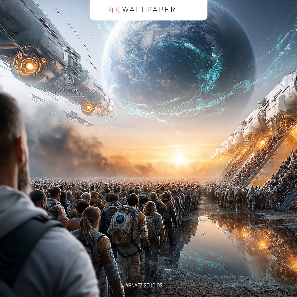 Ascension sci-fi hope wallpaper – crowd boarding colossal starships under a giant blue planet at sunrise