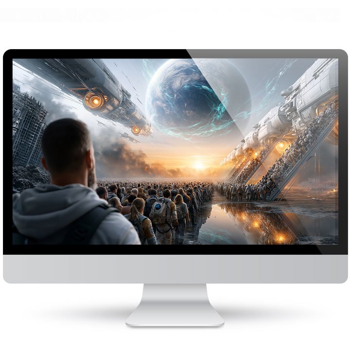 Ascension wallpaper on a 4K desktop monitor, starships and blue planet over a burning Earth