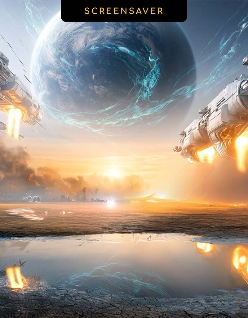 Exodus Ascension spaceship screensaver – starships lifting off from a burning Earth toward a giant blue planet at sunrise