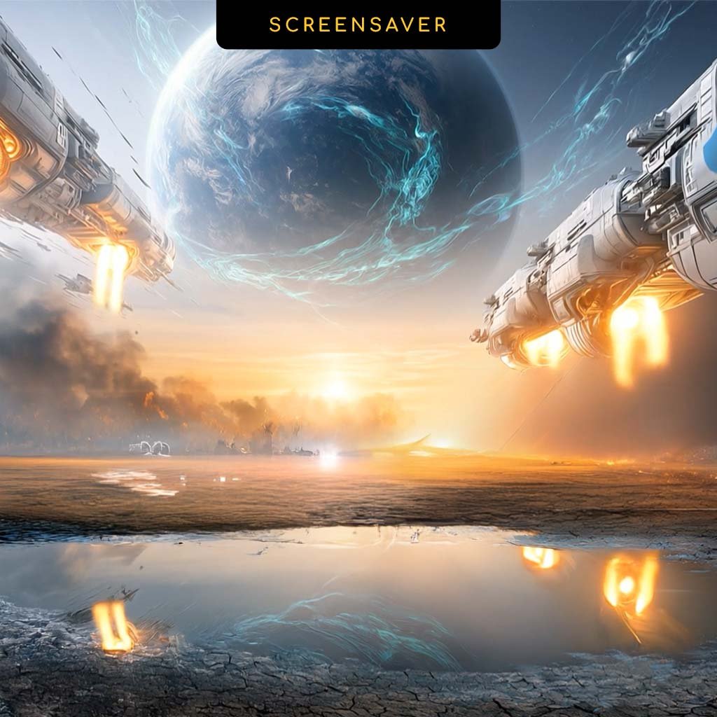 Exodus Ascension spaceship screensaver – starships lifting off from a burning Earth toward a giant blue planet at sunrise