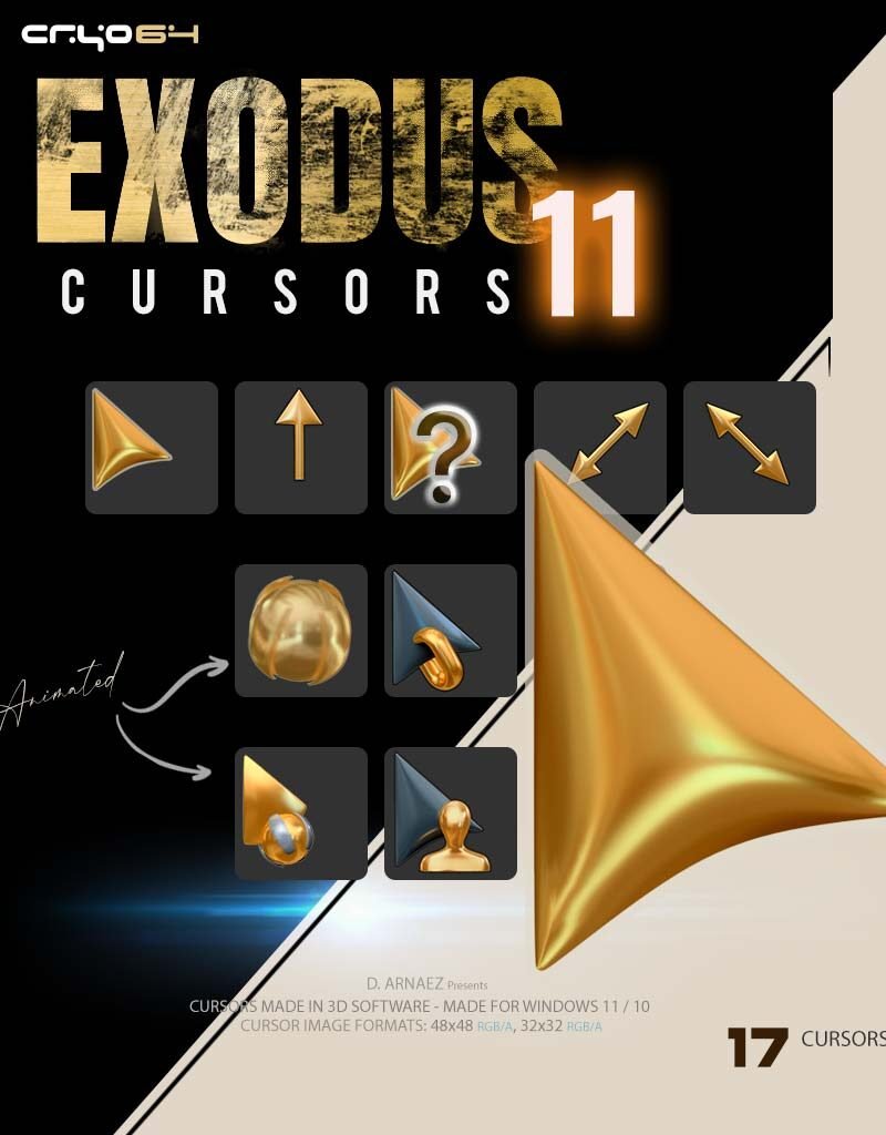 Exodus 11 3D gold cursor pack for Windows 11 – 17 gold cursors including animated busy and working cursors