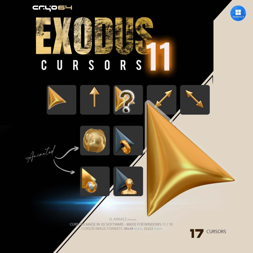 Exodus 11 3D gold cursor pack for Windows 11 – 17 gold cursors including animated busy and working cursors