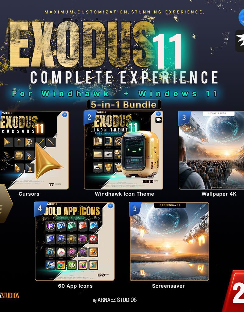 Exodus 11 Complete Experience for Windhawk – 5-in-1 bundle of gold icons, cursors, wallpaper and screensaver