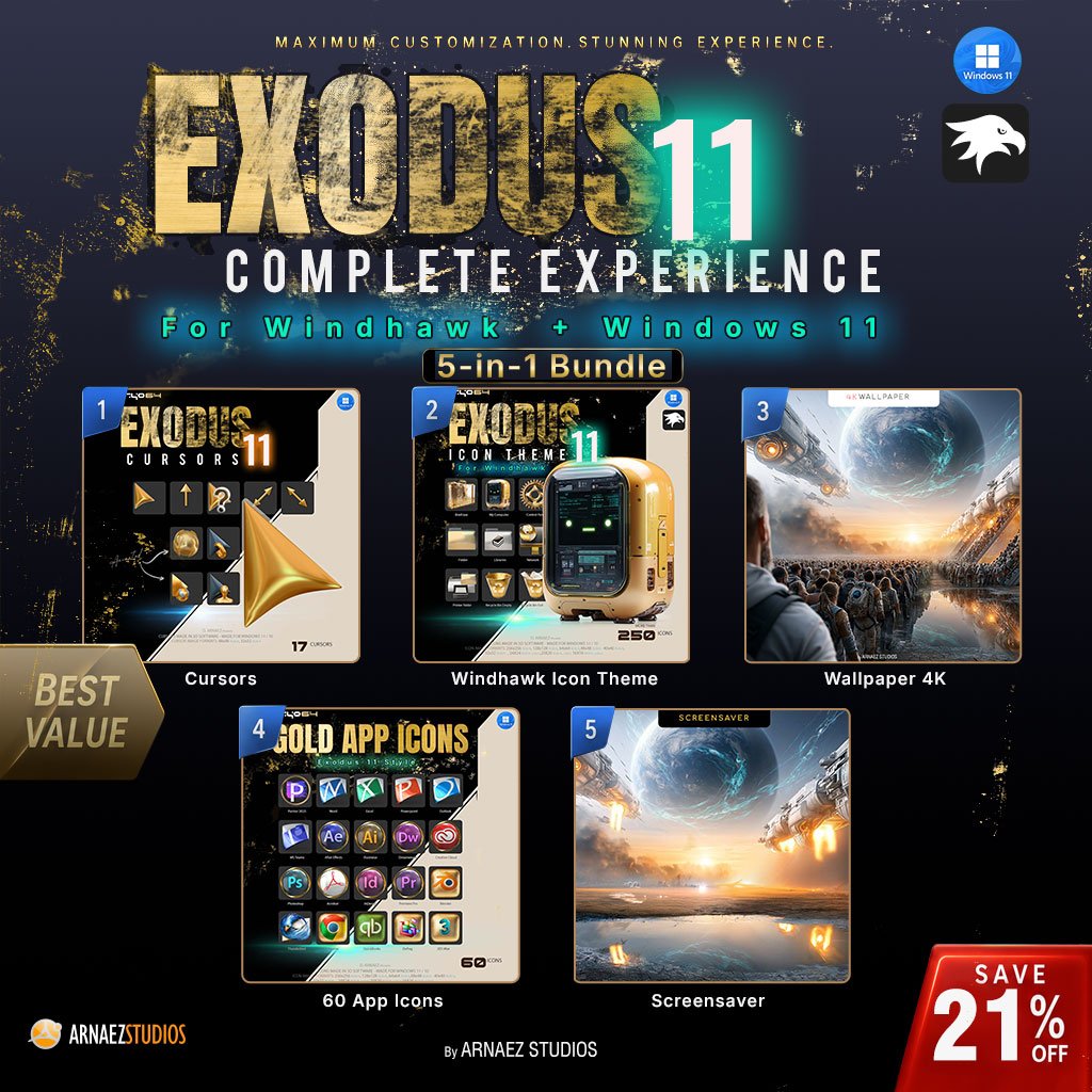 Exodus 11 Complete Experience for Windhawk – 5-in-1 bundle of gold icons, cursors, wallpaper and screensaver