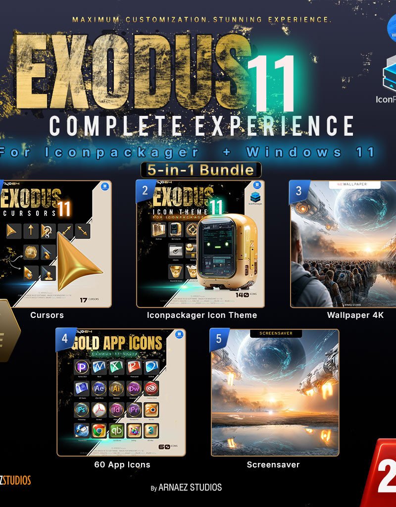 Exodus 11 Complete Experience for IconPackager – 5-in-1 bundle of gold icons, cursors, wallpaper and screensaver