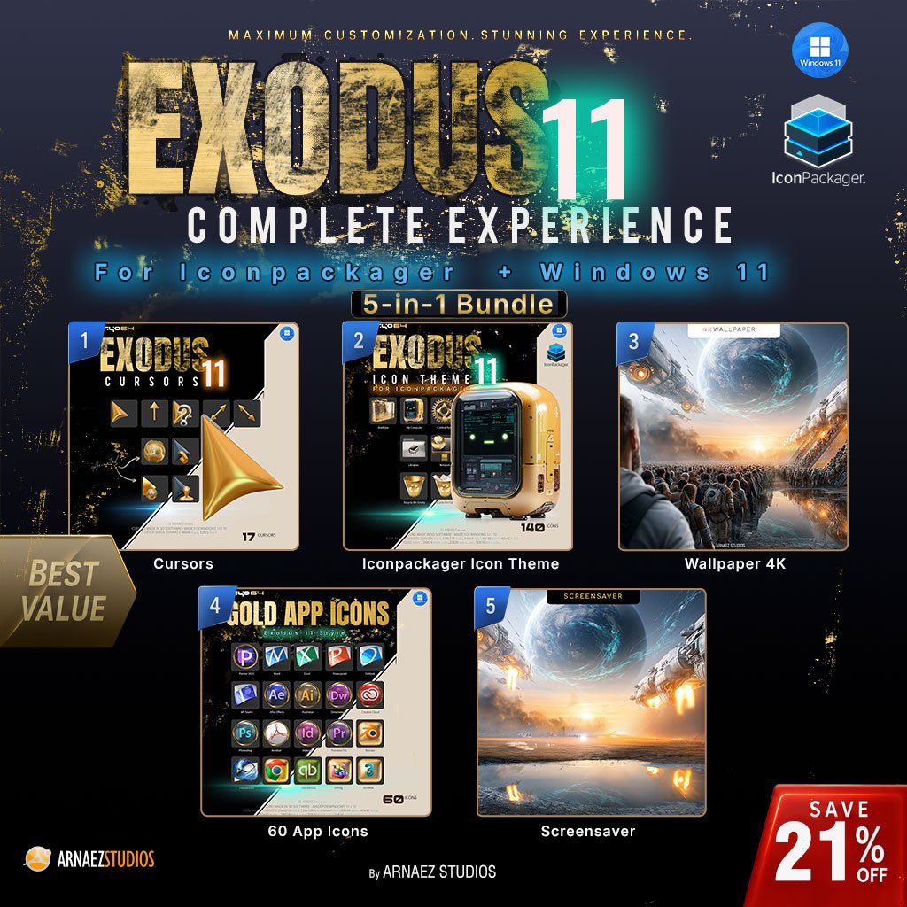 Exodus 11 Complete Experience for IconPackager – 5-in-1 bundle of gold icons, cursors, wallpaper and screensaver