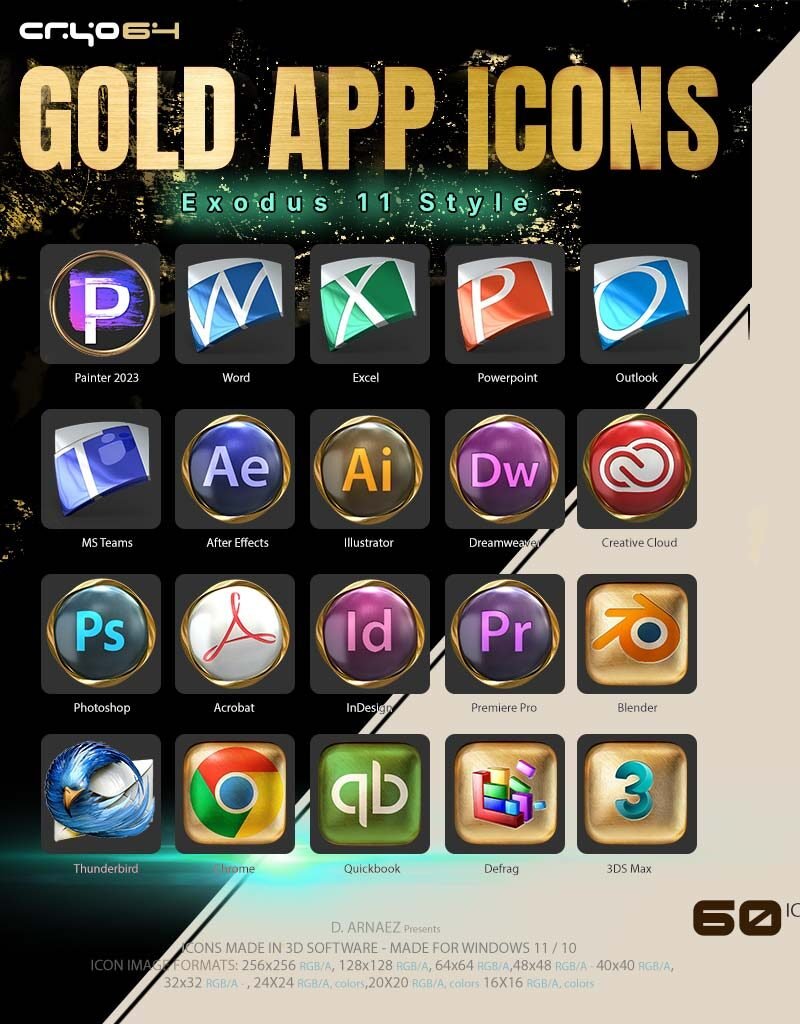 Gold app icons for Windows 11 – Photoshop, Illustrator, Word, Excel, Chrome, Blender and more