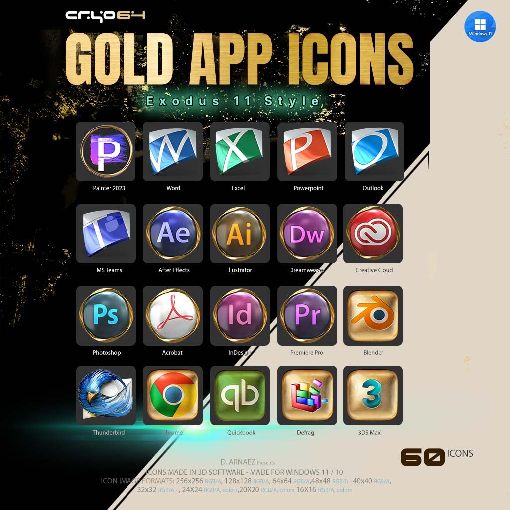 Gold app icons for Windows 11 – Photoshop, Illustrator, Word, Excel, Chrome, Blender and more