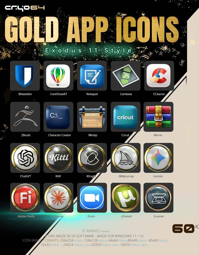 Gold app icons for Windows 11 – ChatGPT, Claude, Gemini, Midjourney, Zoom and more in Exodus 11 style