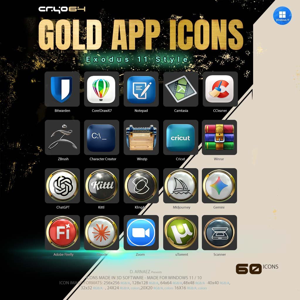 Gold app icons for Windows 11 – ChatGPT, Claude, Gemini, Midjourney, Zoom and more in Exodus 11 style