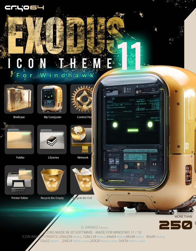 Exodus 11 gold Windhawk icons for Windows 11 – gold computer with green robot face, gold briefcase, Control Panel gear, Network globe and Recycle Bin buckets