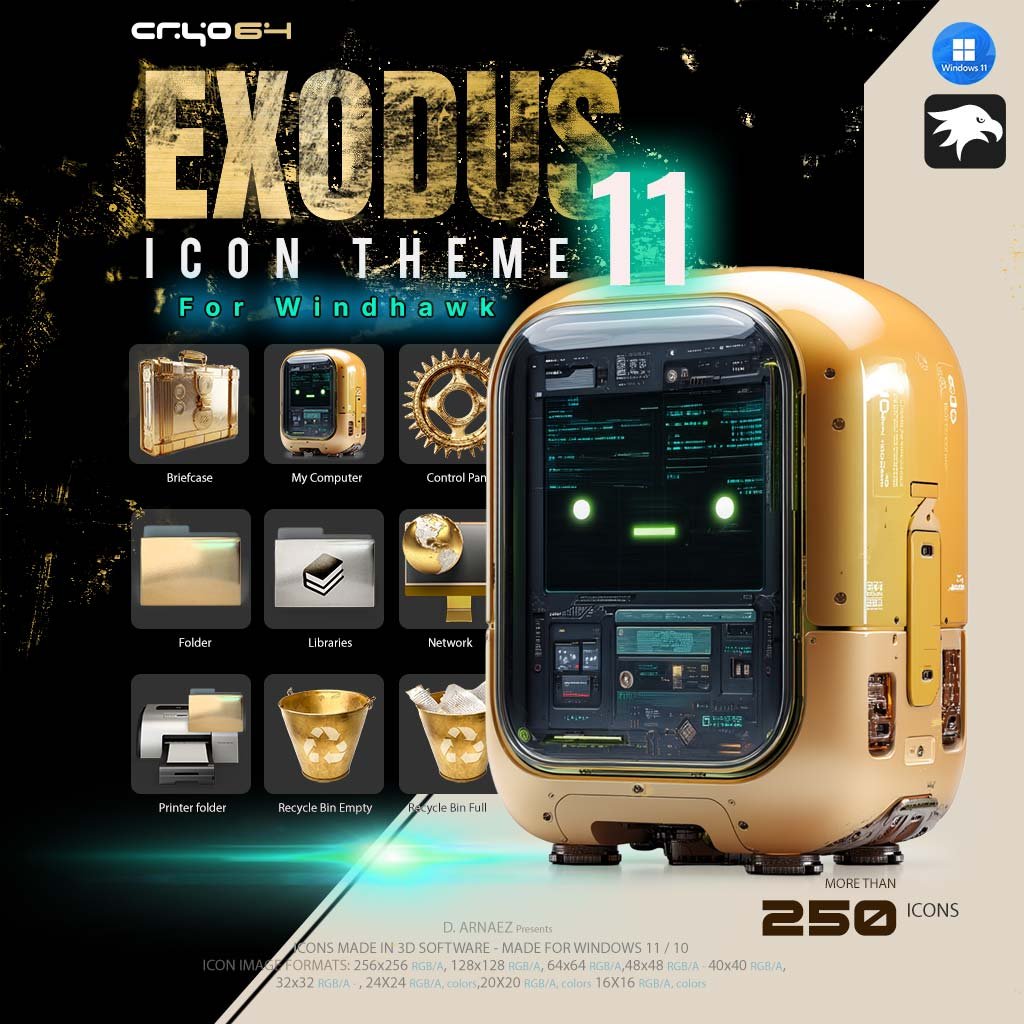 Exodus 11 gold Windhawk icons for Windows 11 – gold computer with green robot face, gold briefcase, Control Panel gear, Network globe and Recycle Bin buckets