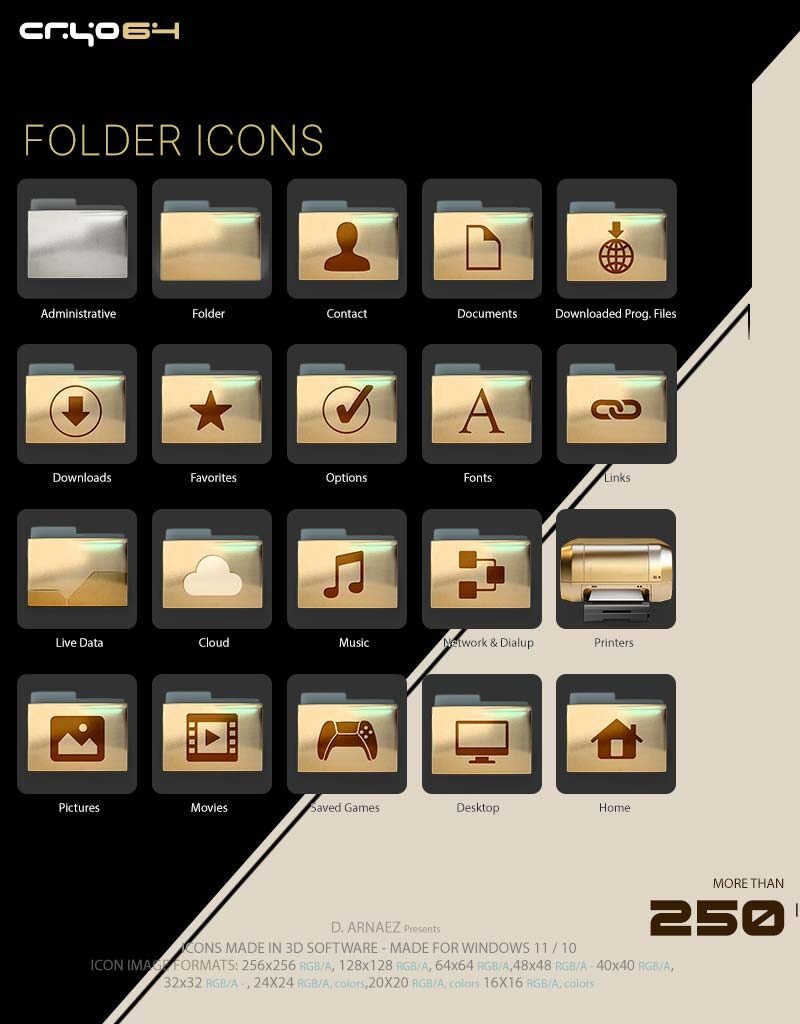 Folders: Exodus 11 gold folder icons for Windhawk – Administrative, Documents, Downloads, Favorites, Fonts, Links, Cloud, Music, Pictures, Movies, Saved Games, Desktop and Home