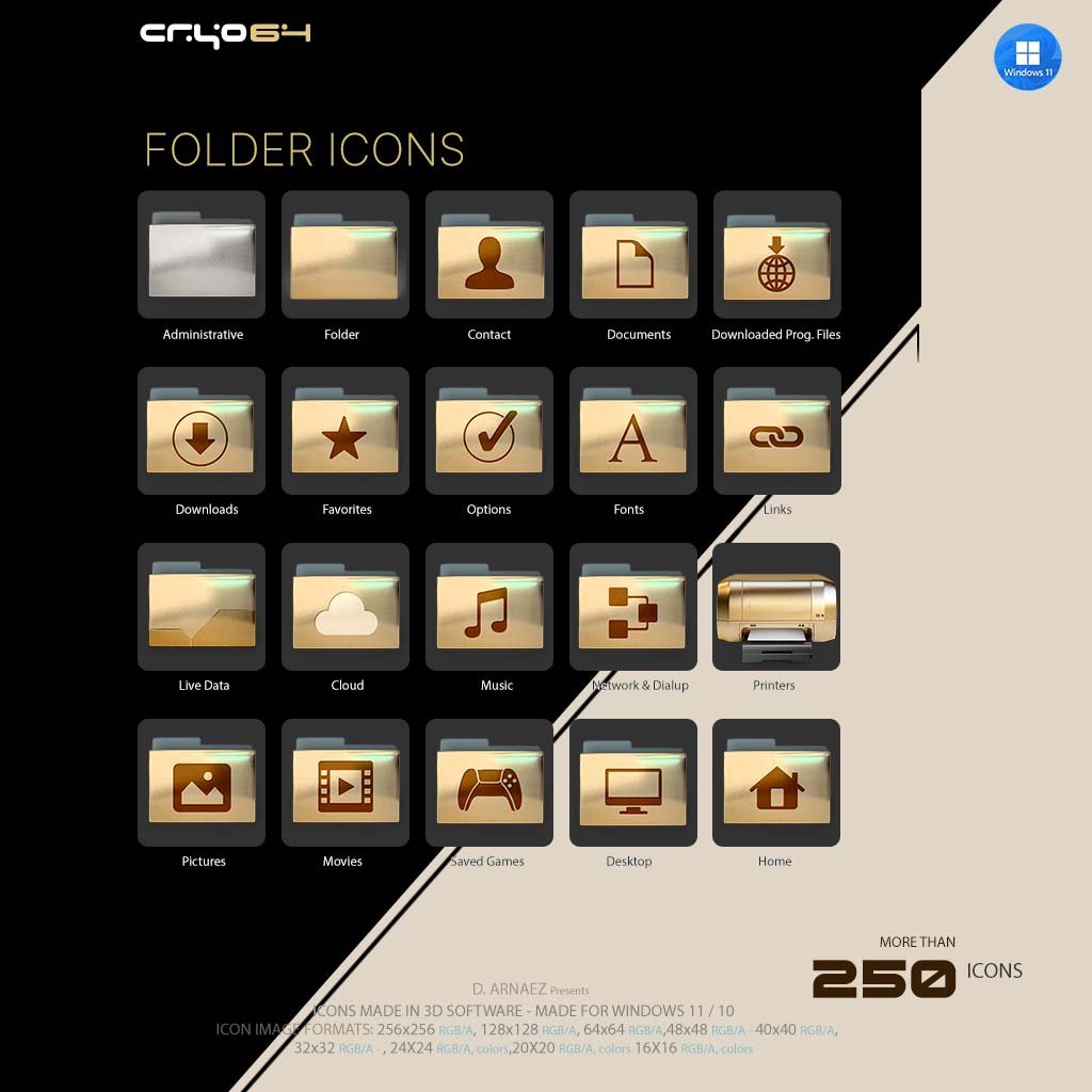 Folders: Exodus 11 gold folder icons for Windhawk – Administrative, Documents, Downloads, Favorites, Fonts, Links, Cloud, Music, Pictures, Movies, Saved Games, Desktop and Home