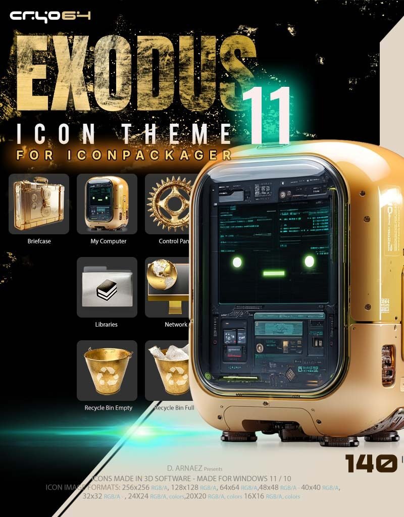 Exodus 11 golden icons IconPackager theme for Windows 11 – gold computer with robot face, gold Recycle Bin, Control Panel gear and Network globe