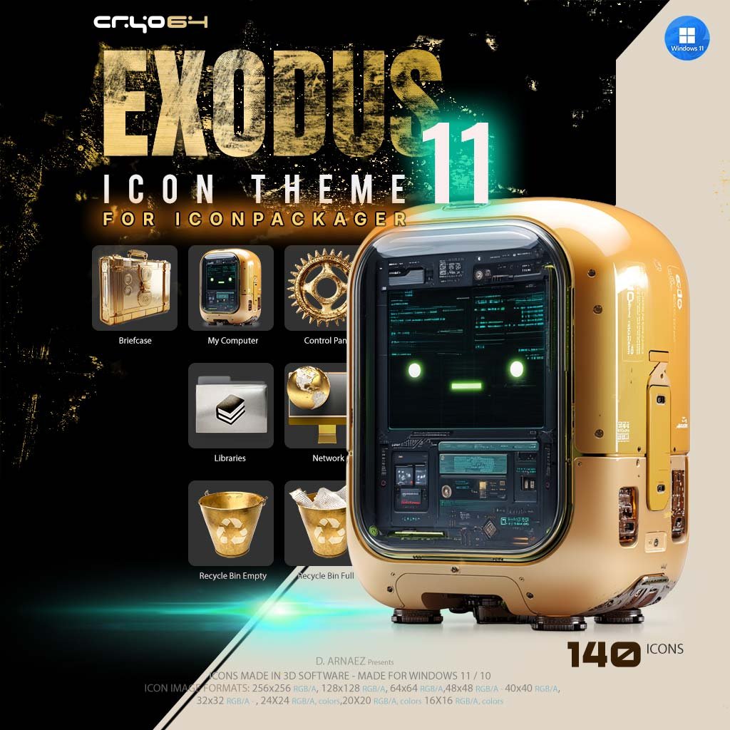 Exodus 11 golden icons IconPackager theme for Windows 11 – gold computer with robot face, gold Recycle Bin, Control Panel gear and Network globe