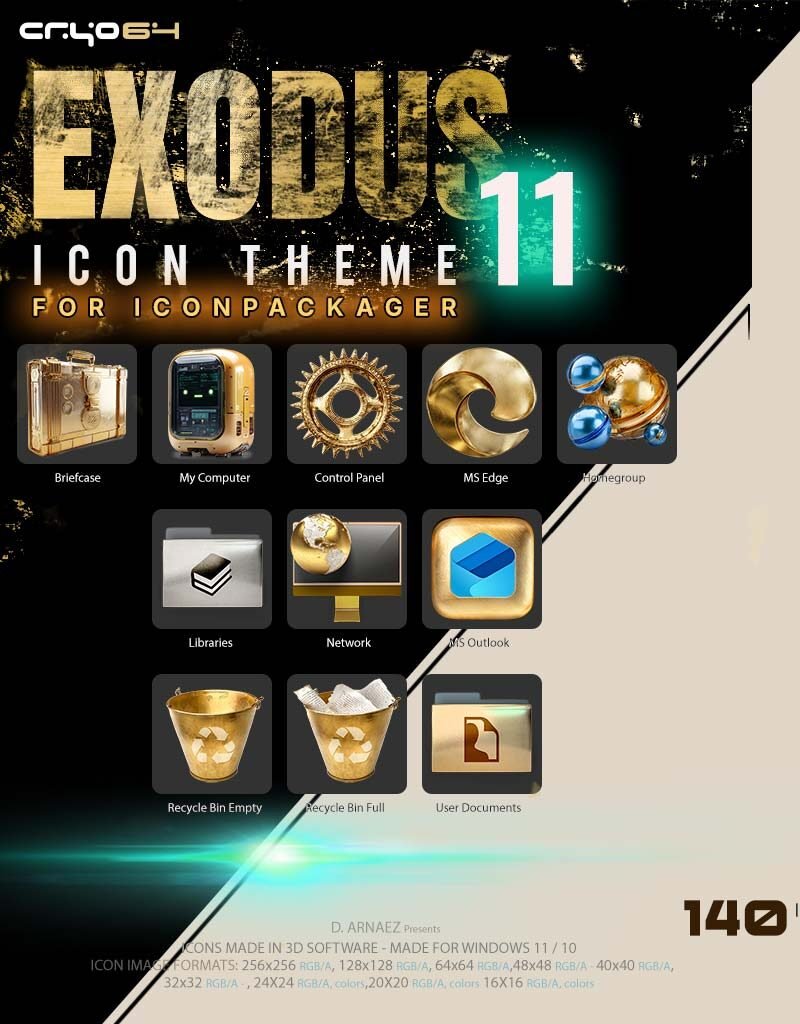 Exodus 11 golden icons for IconPackager – gold computer, Control Panel gear, Edge, Homegroup, Network globe, Outlook and Recycle Bin