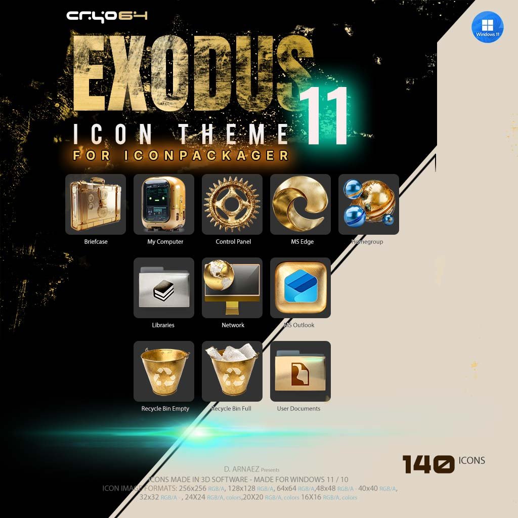 Exodus 11 golden icons for IconPackager – gold computer, Control Panel gear, Edge, Homegroup, Network globe, Outlook and Recycle Bin
